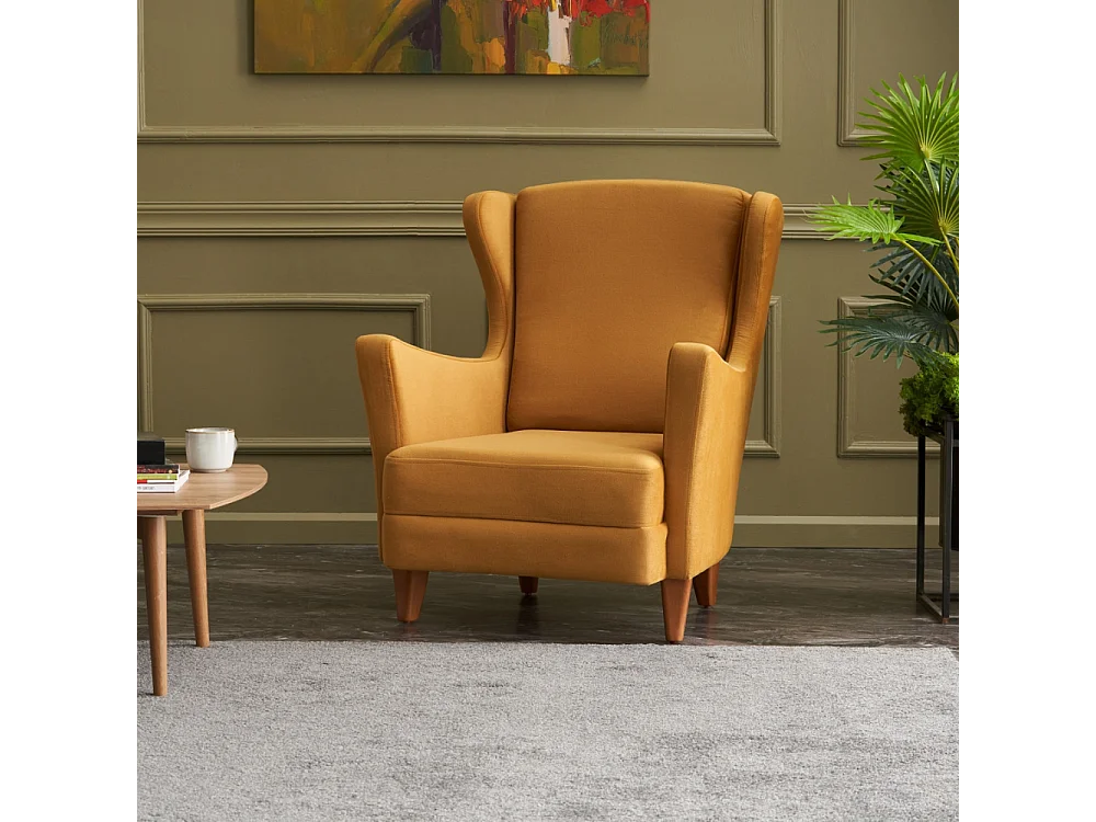 Fauteuil à oreilles en velours moutarde WILLIAMS