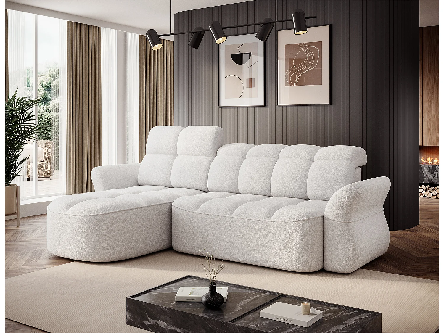 Canapé Corner Sophia L /revêtement tissu-bouclé/Blanc