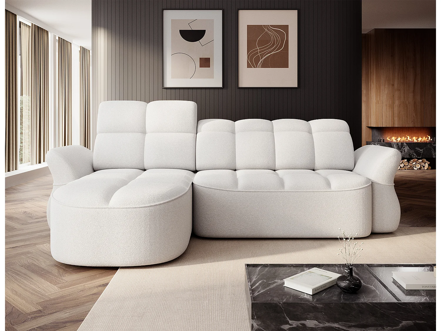 Canapé Corner Sophia L /revêtement tissu-bouclé/Blanc