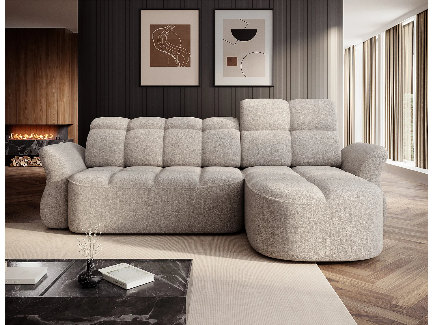 Ecksofa Sophia R/Stoffbezug-Bouclé/Braun