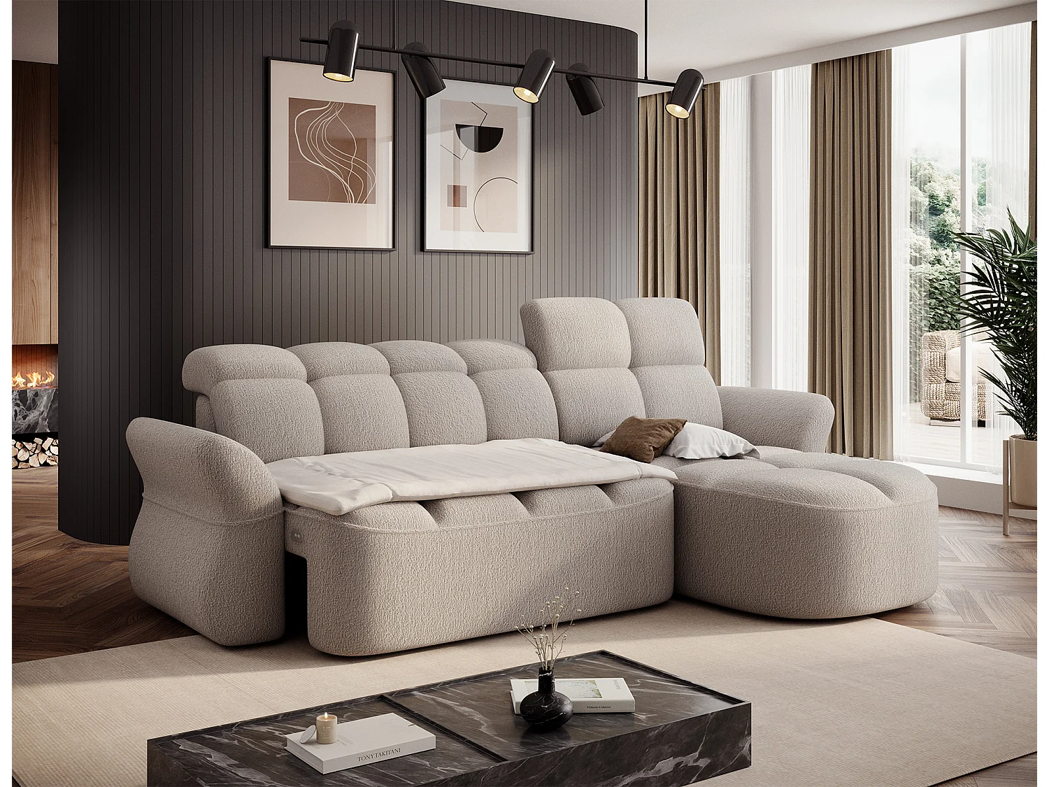 Ecksofa Sophia R/Stoffbezug-Bouclé/Braun