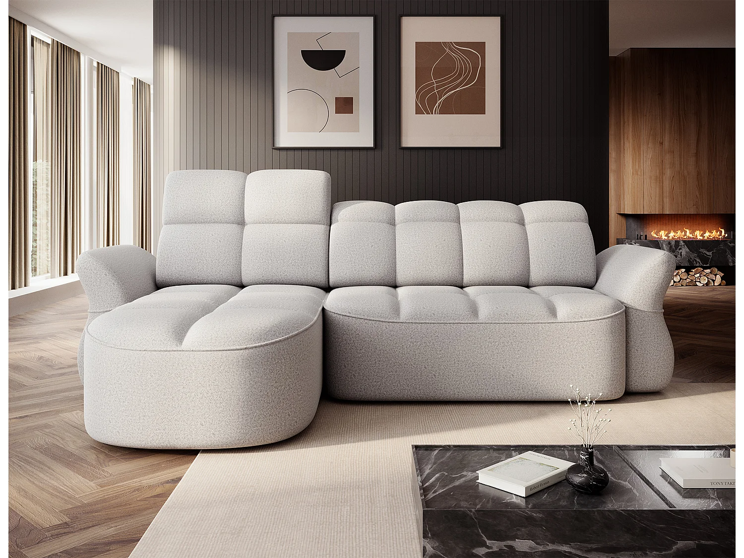 Divano d'angolo Sophia L/rivestimento in tessut/Bianco