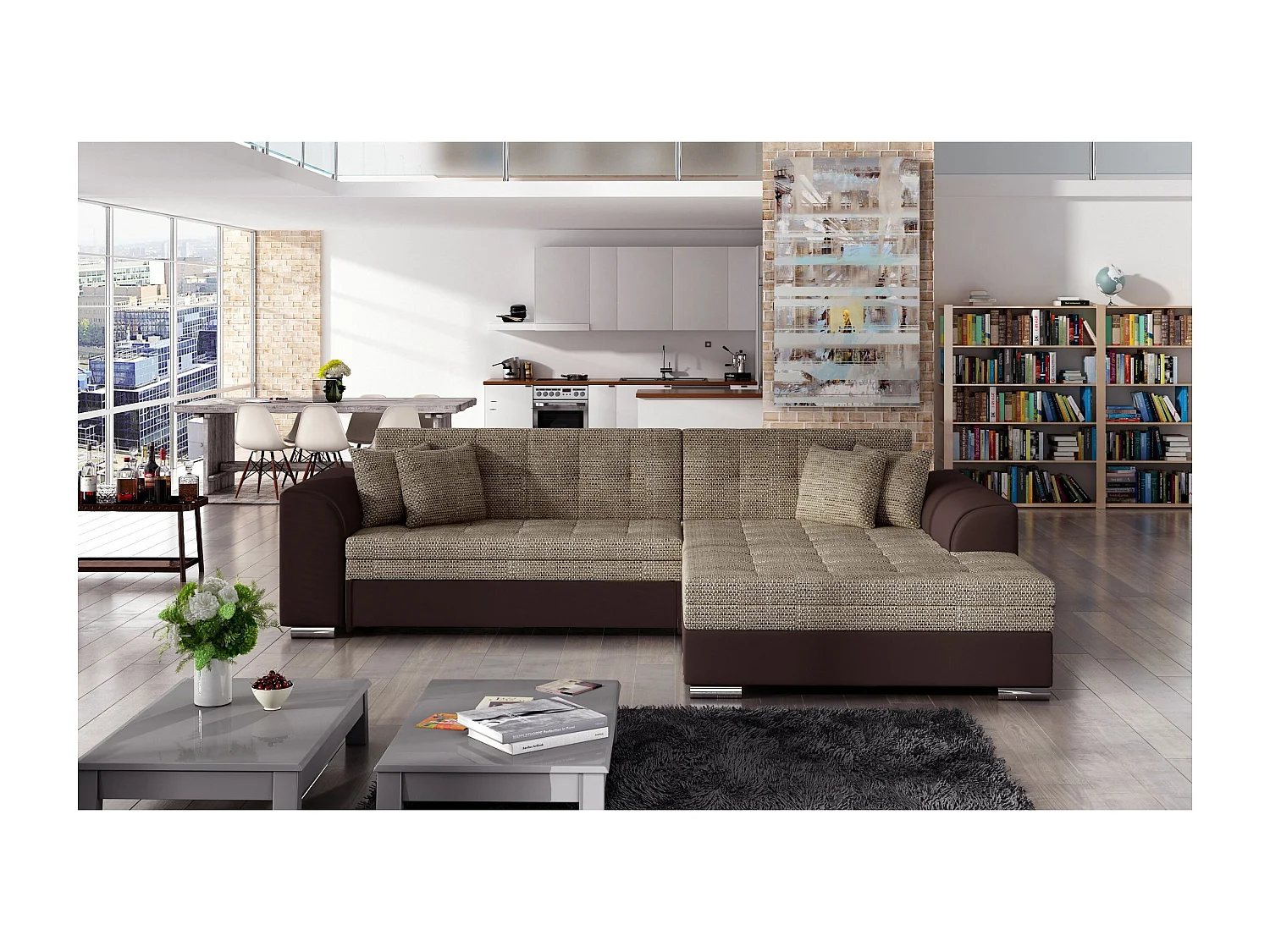 Divano d'angolo Oswald R/rivestimento in tessut/Beige&Marrone