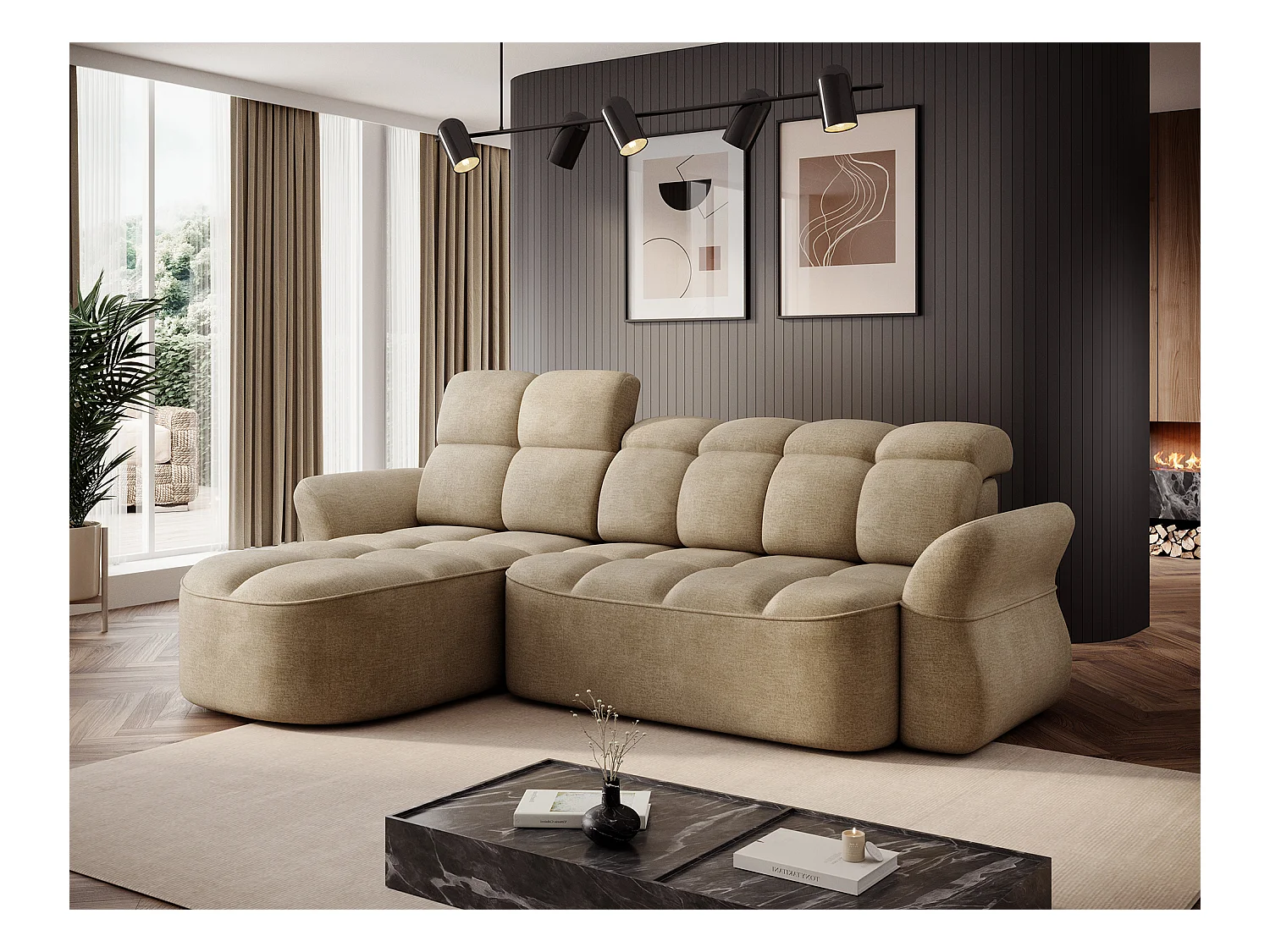 Divano d'angolo Sophia L/rivestimento in tessut/Beige