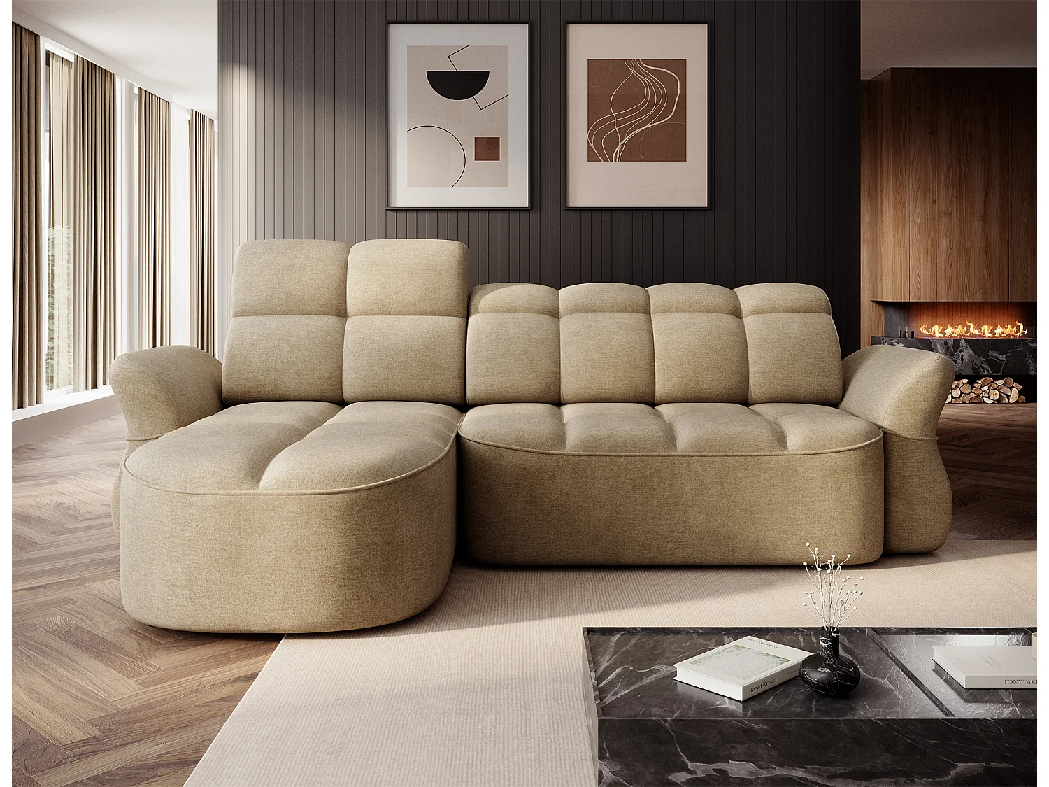 Divano d'angolo Sophia L/rivestimento in tessut/Beige