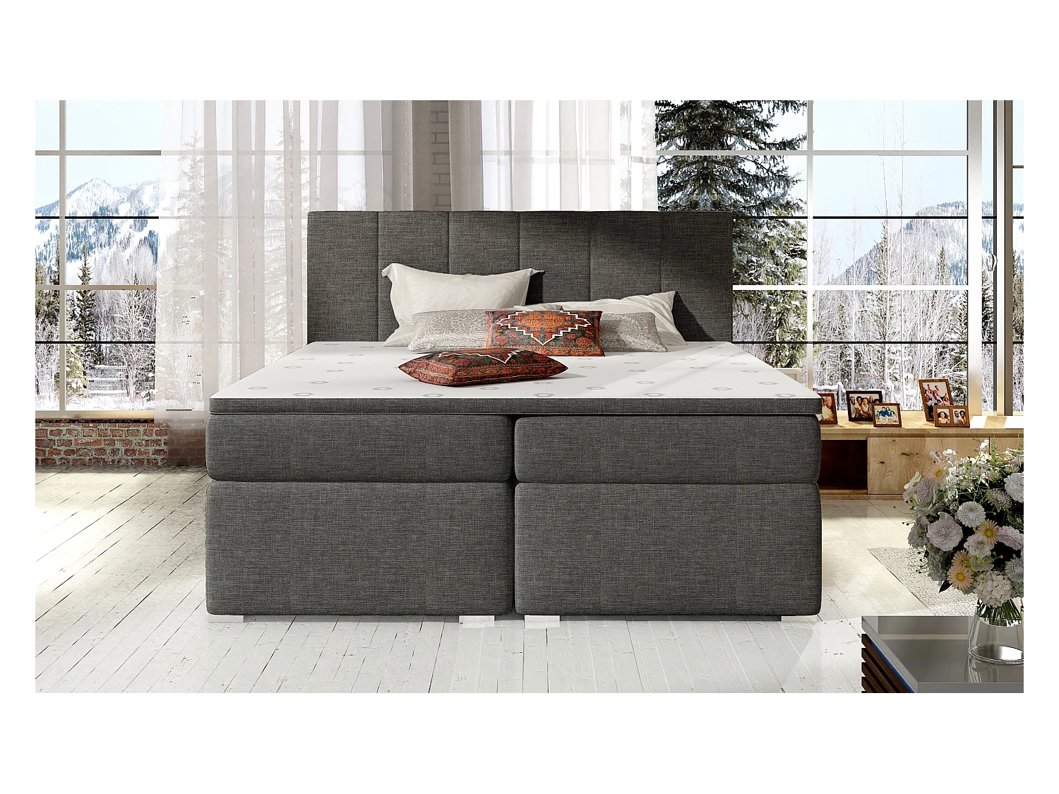 Box Spring Lit Sabine L (180x200)/Tissu/Gris