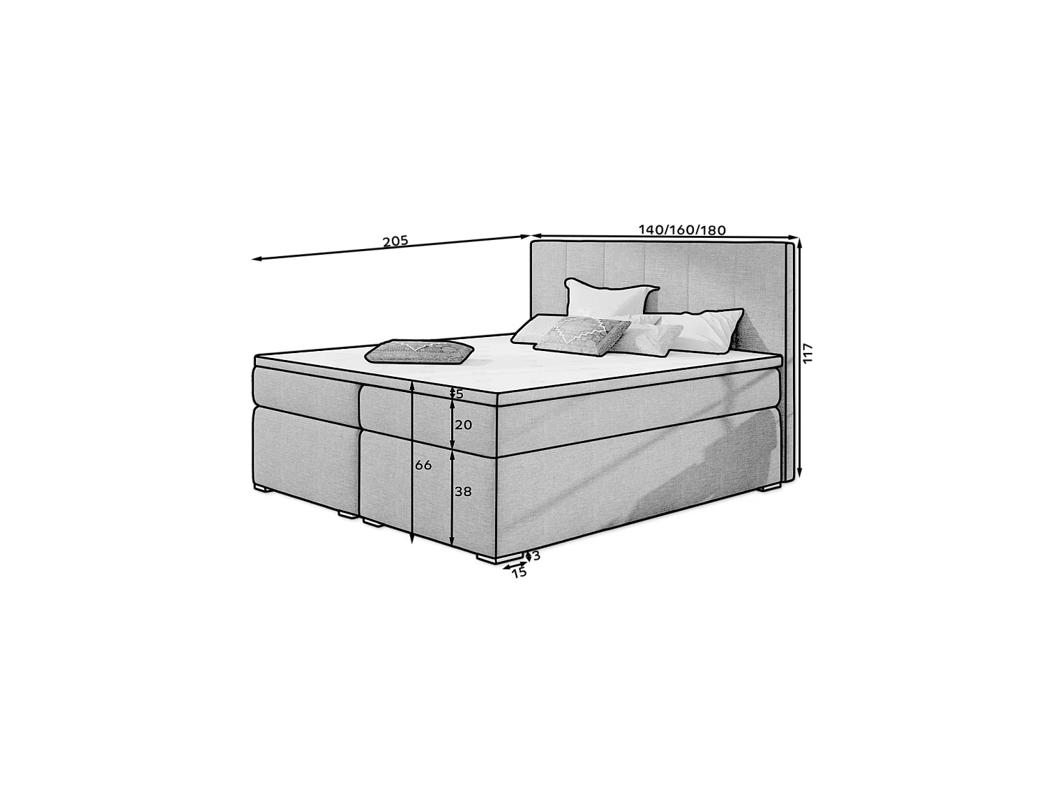 Box Spring Lit Sabine L (180x200)/Tissu/Gris