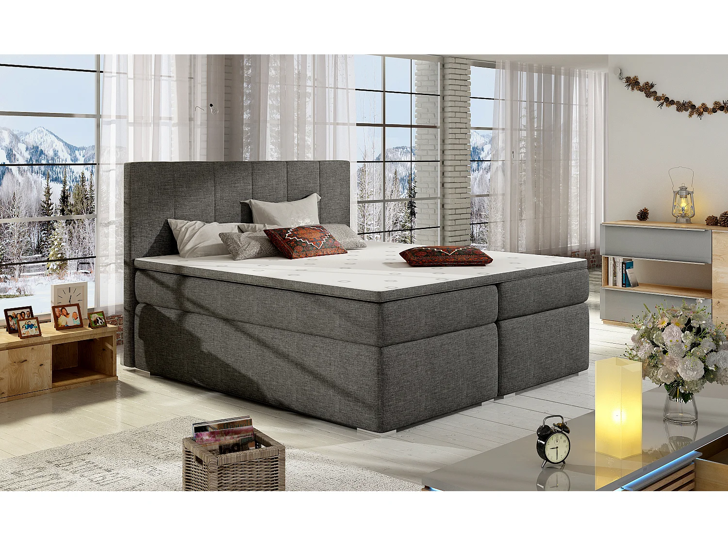 Boxspringbett Sabine L (180x200)/Stoffbezug/Grau