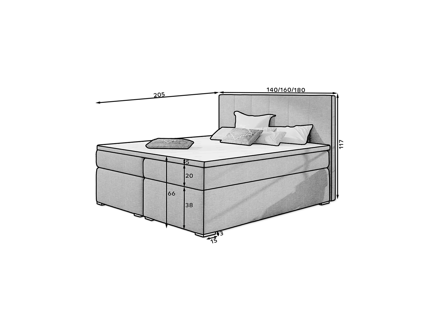 Box Spring Lit Sabine L (180x200)/Tissu/Gris