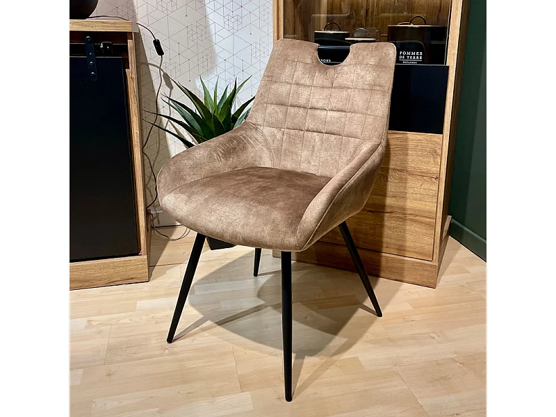 Lot 2 chaises capitonnées velours taupe pieds métal noir – BRANDY 2