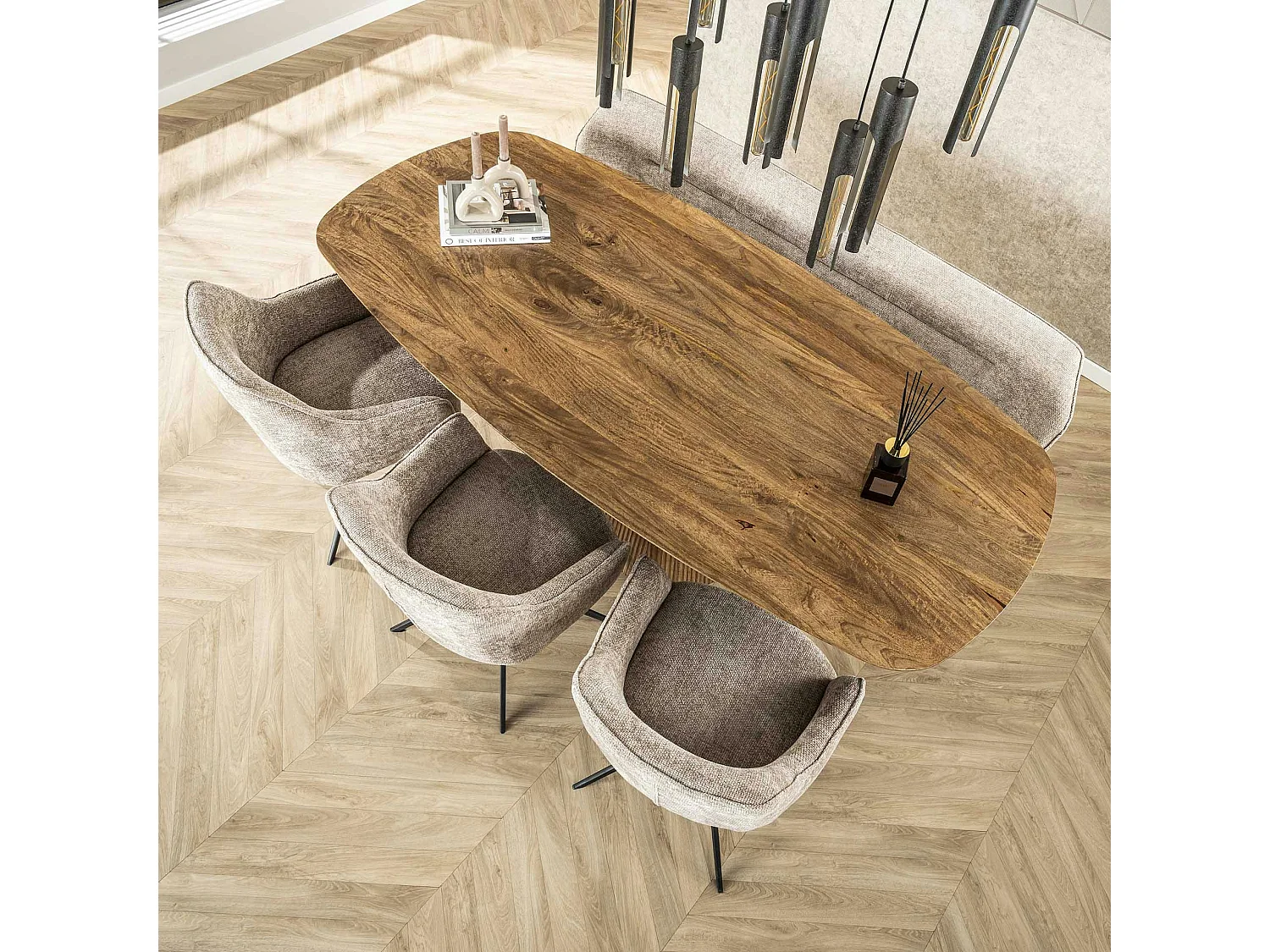 Table à manger rectangulaire avec pied central rainuré en bois de manguier 215 cm CREEK