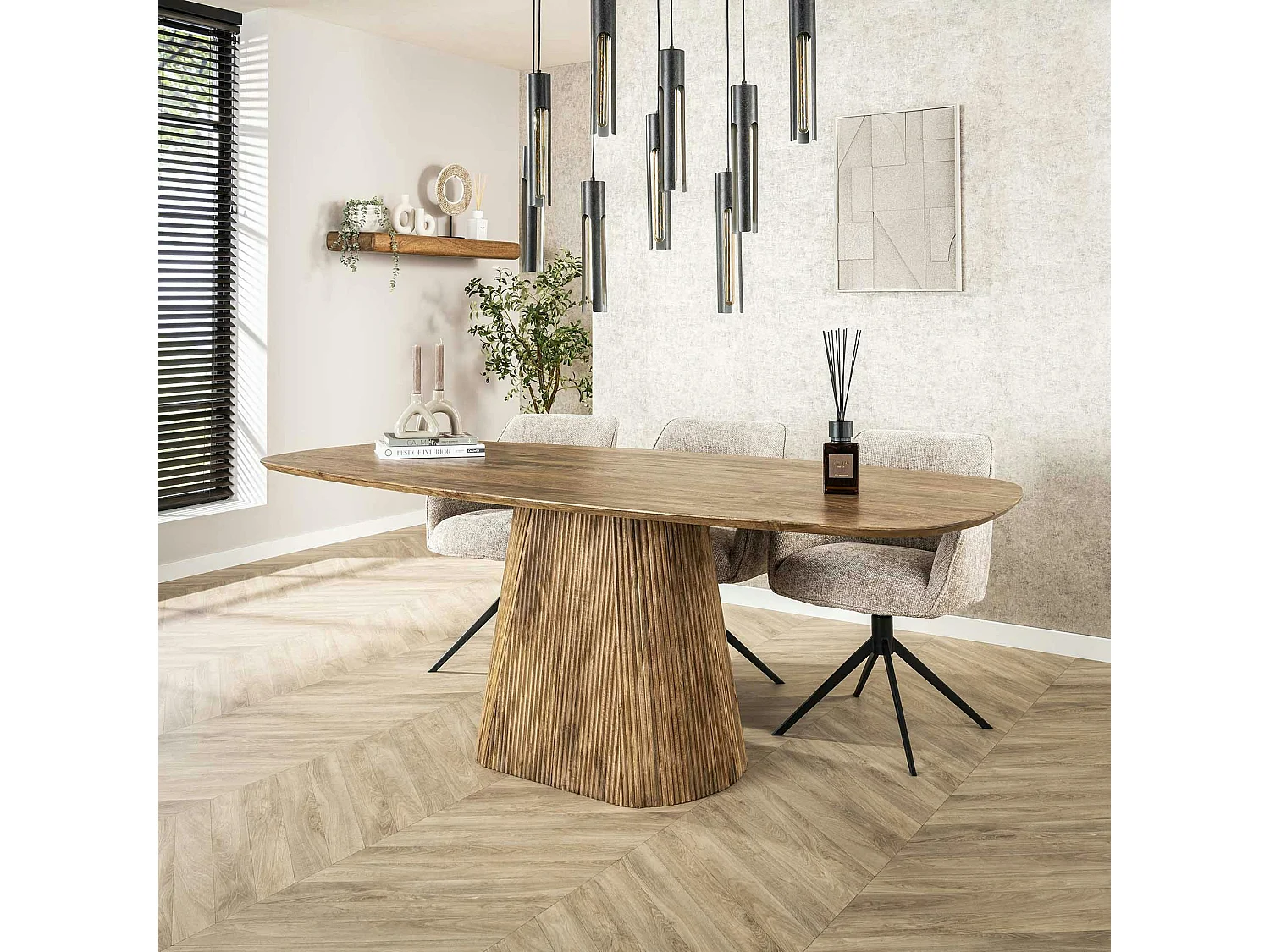 Table à manger rectangulaire avec pied central rainuré en bois de manguier 215 cm CREEK