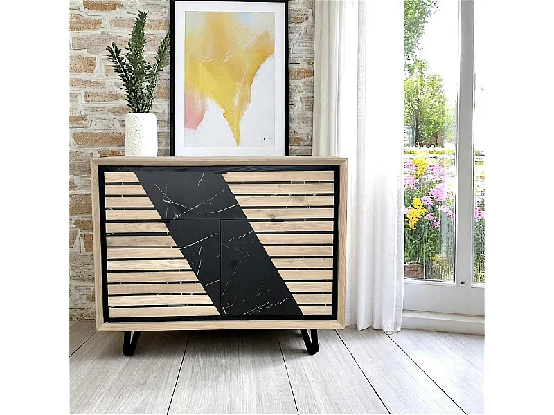 Buffet 2 portes chêne blanc décor graphique ESSEN