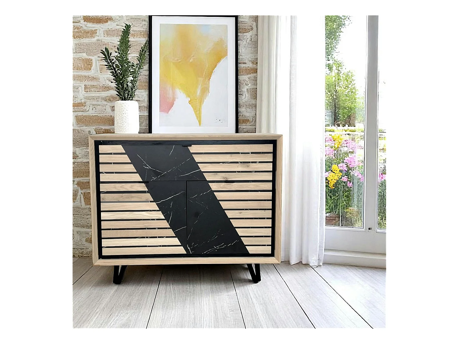 Buffet 2 portes chêne blanc décor graphique ESSEN