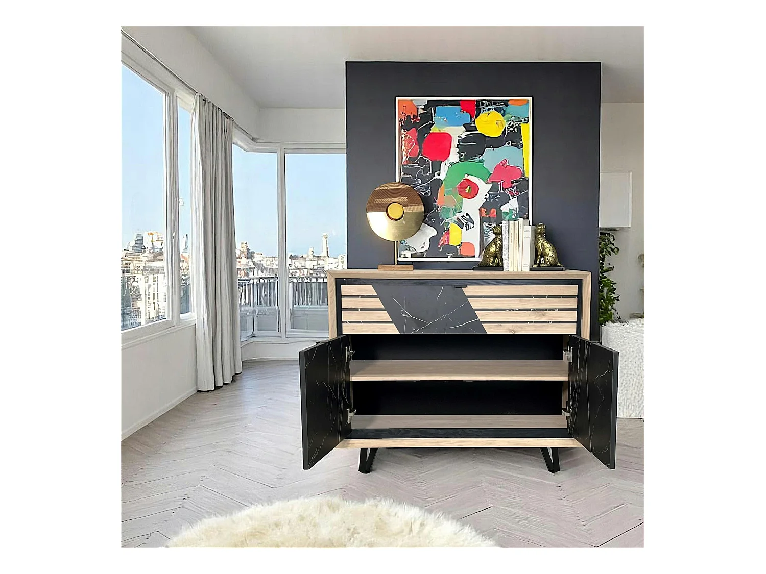 Buffet 2 portes chêne blanc décor graphique ESSEN