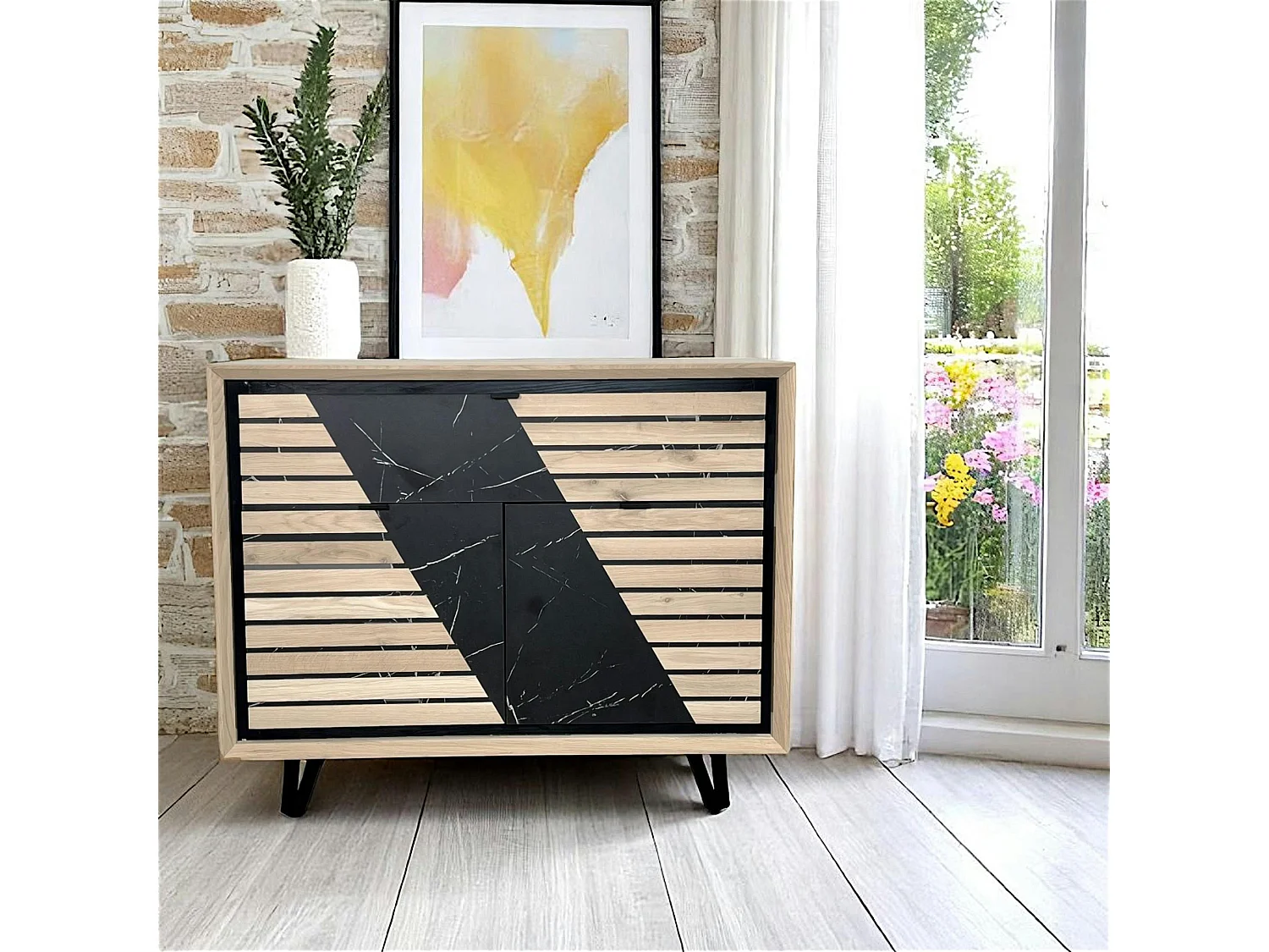 Buffet 2 portes chêne blanc décor graphique ESSEN