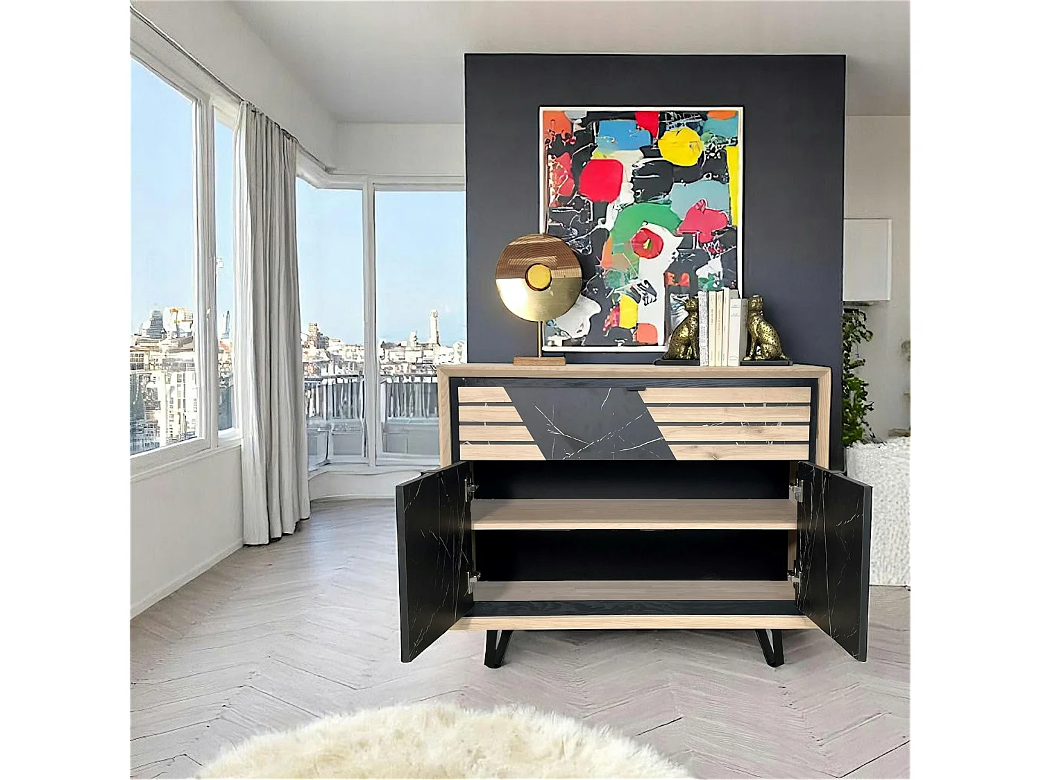 Buffet 2 portes chêne blanc décor graphique ESSEN