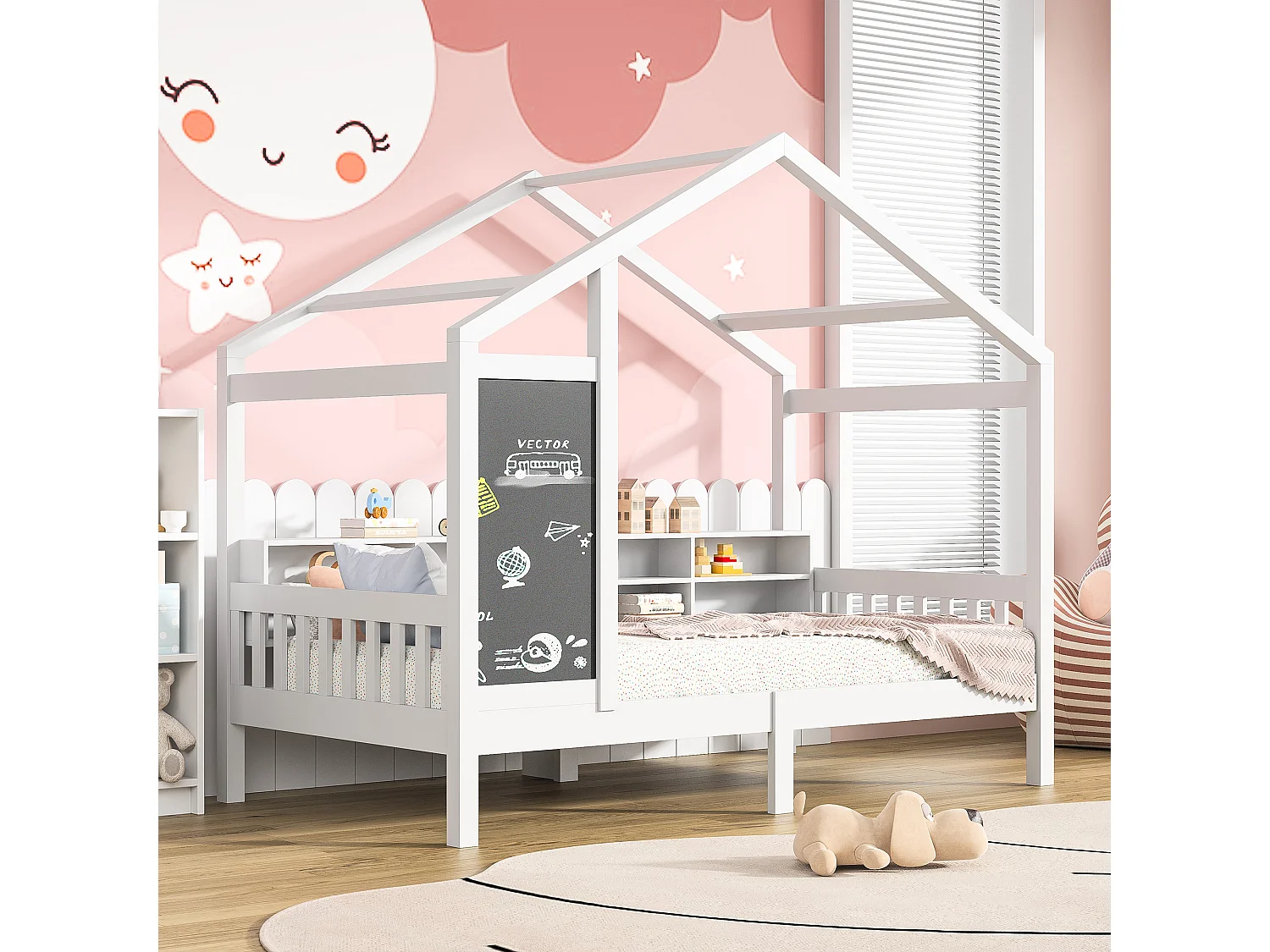 Lit peint en blanc avec tableau noir et étagère 90*200cm