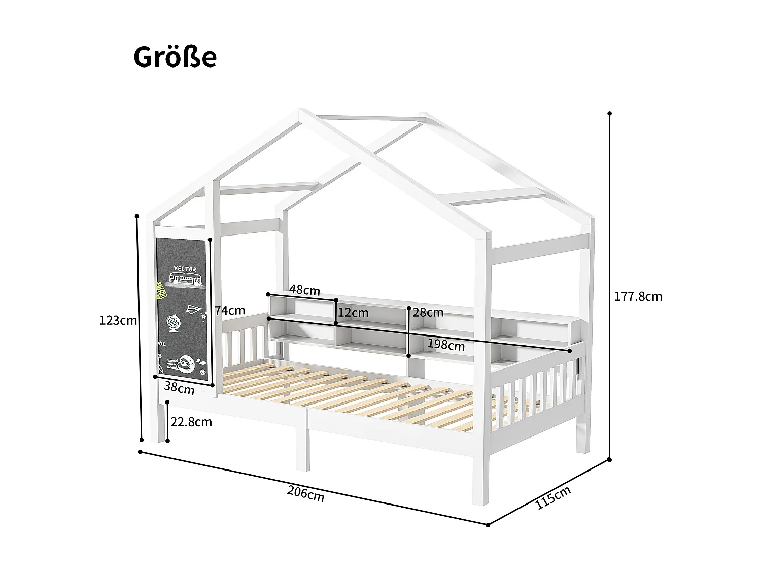 Lit peint en blanc avec tableau noir et étagère 90*200cm