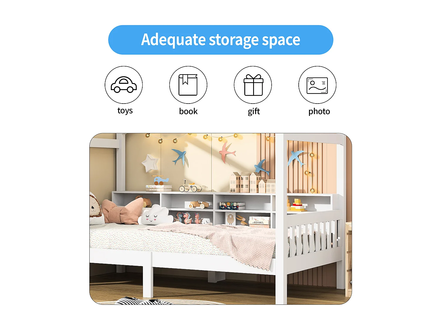 Lit peint en blanc avec tableau noir et étagère 90*200cm