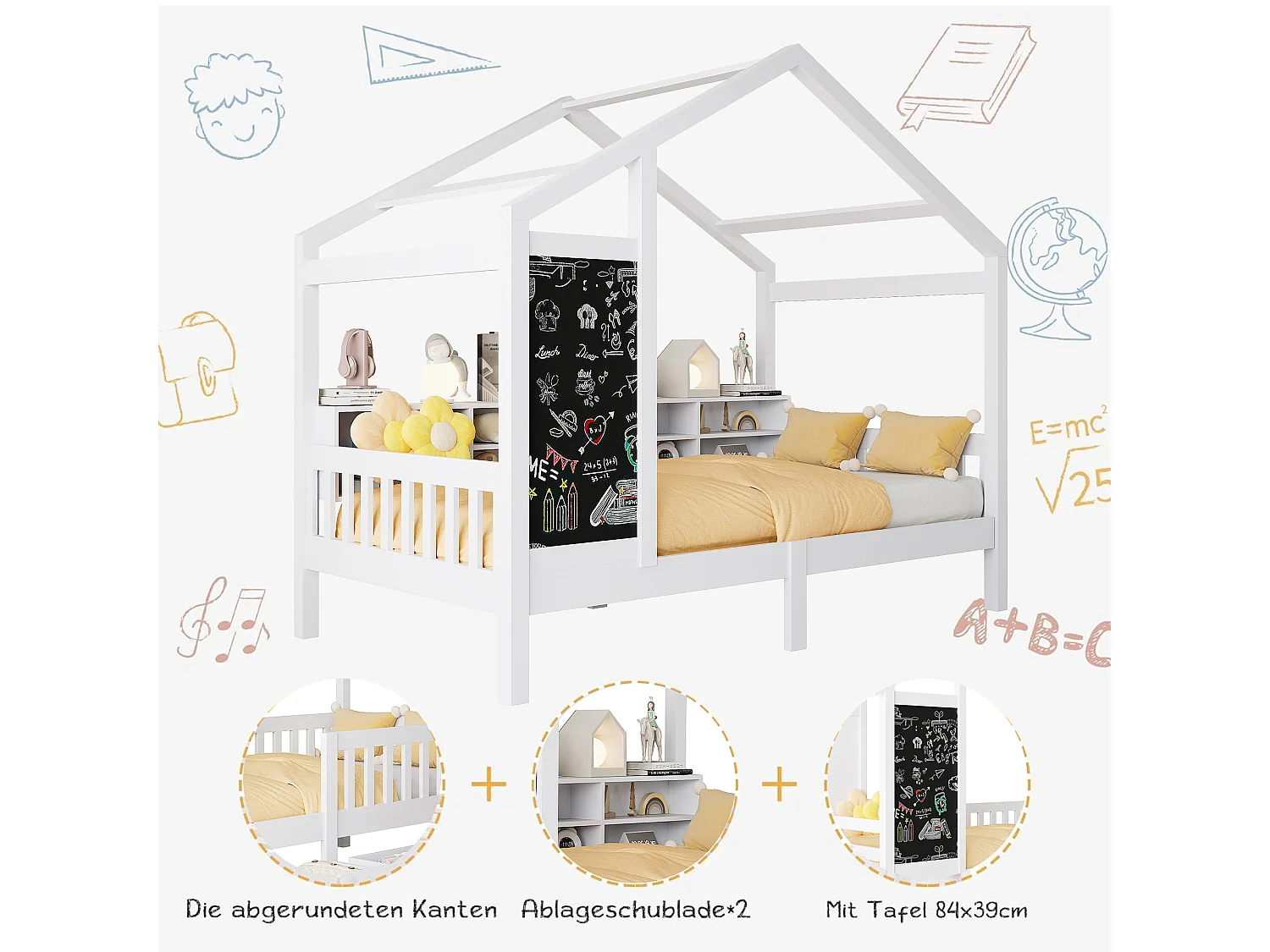 Lit peint en blanc avec tableau noir et étagère 90*200cm