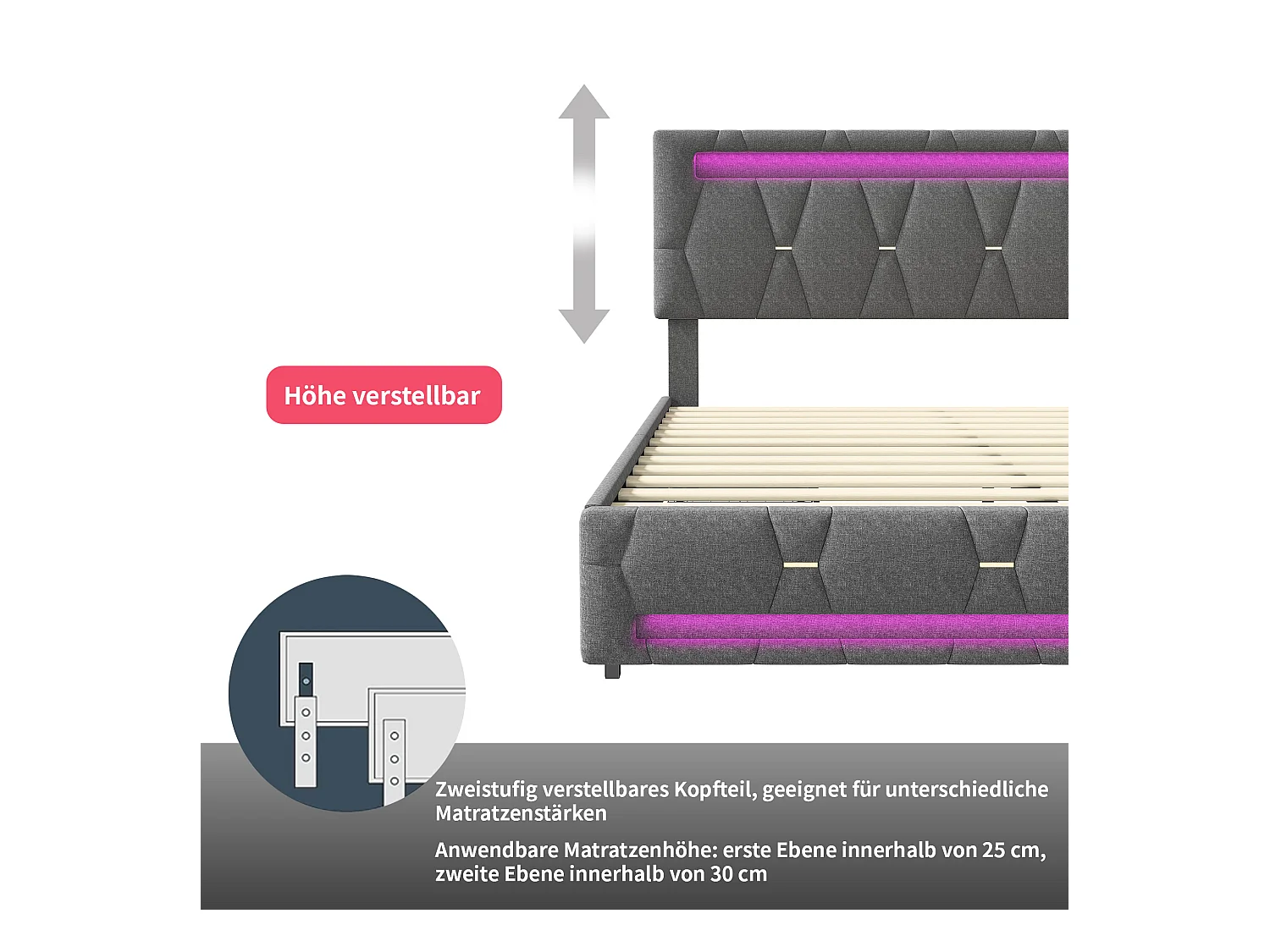 Lit double capitonné gris à LED Quatre tiroirs Bande lumineuse à LED - Dazzle Shift 160*200CM