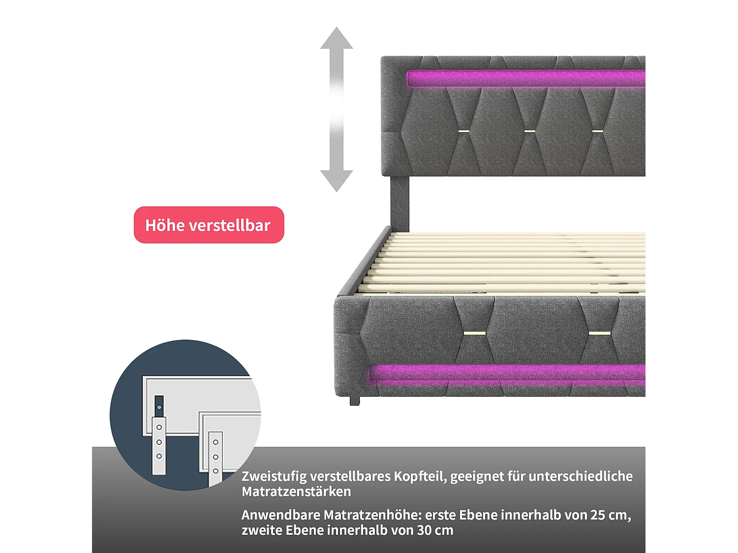 Lit double capitonné gris à LED Quatre tiroirs Bande lumineuse à LED - Dazzle Shift 160*200CM