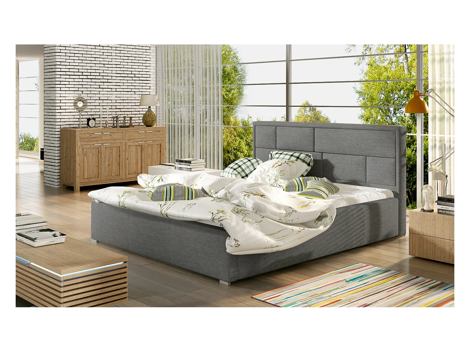 Letto Quadro L (180x200)/Tessuto-Grigio