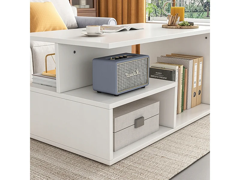 Banc, table basse, blanc, avec étagère, grand, 90 cm