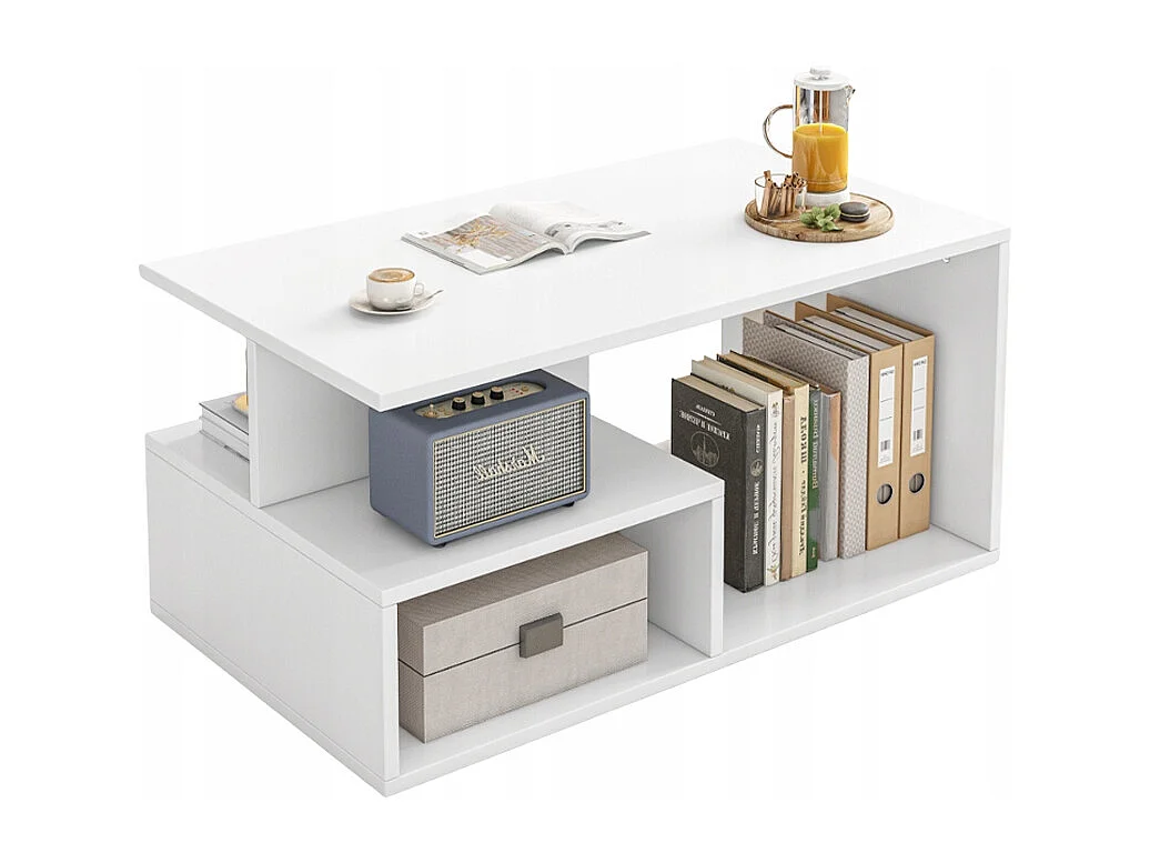 Banc, table basse, blanc, avec étagère, grand, 90 cm