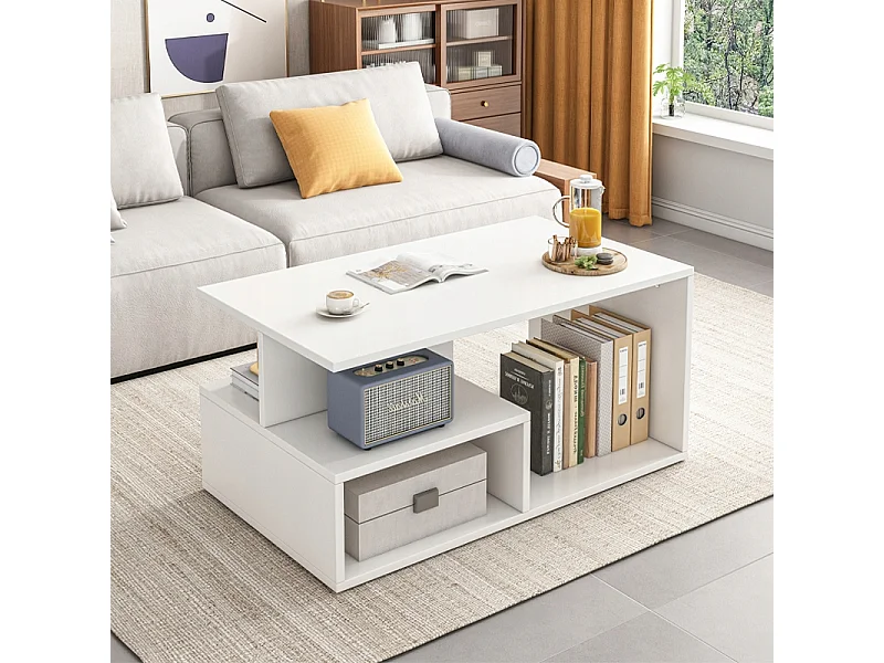 Banc, table basse, blanc, avec étagère, grand, 90 cm