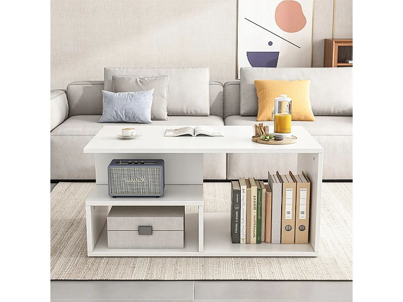 Banc, table basse, blanc, avec étagère, grand, 90 cm