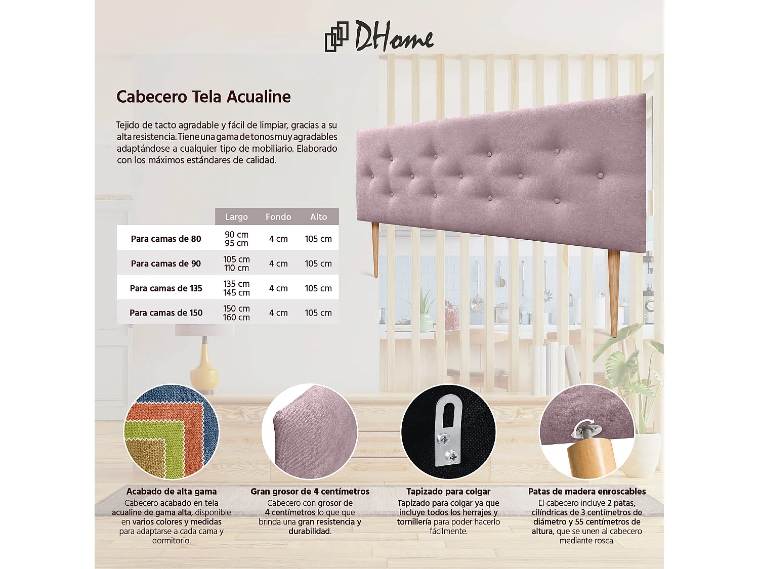 DHOME Tête de Lit en Tissu ACUALINE avec 3 Rangées Entrelacées de Boutons et Pieds Tête de Lit Capitonnée de Luxe(Salmón, 145cm)