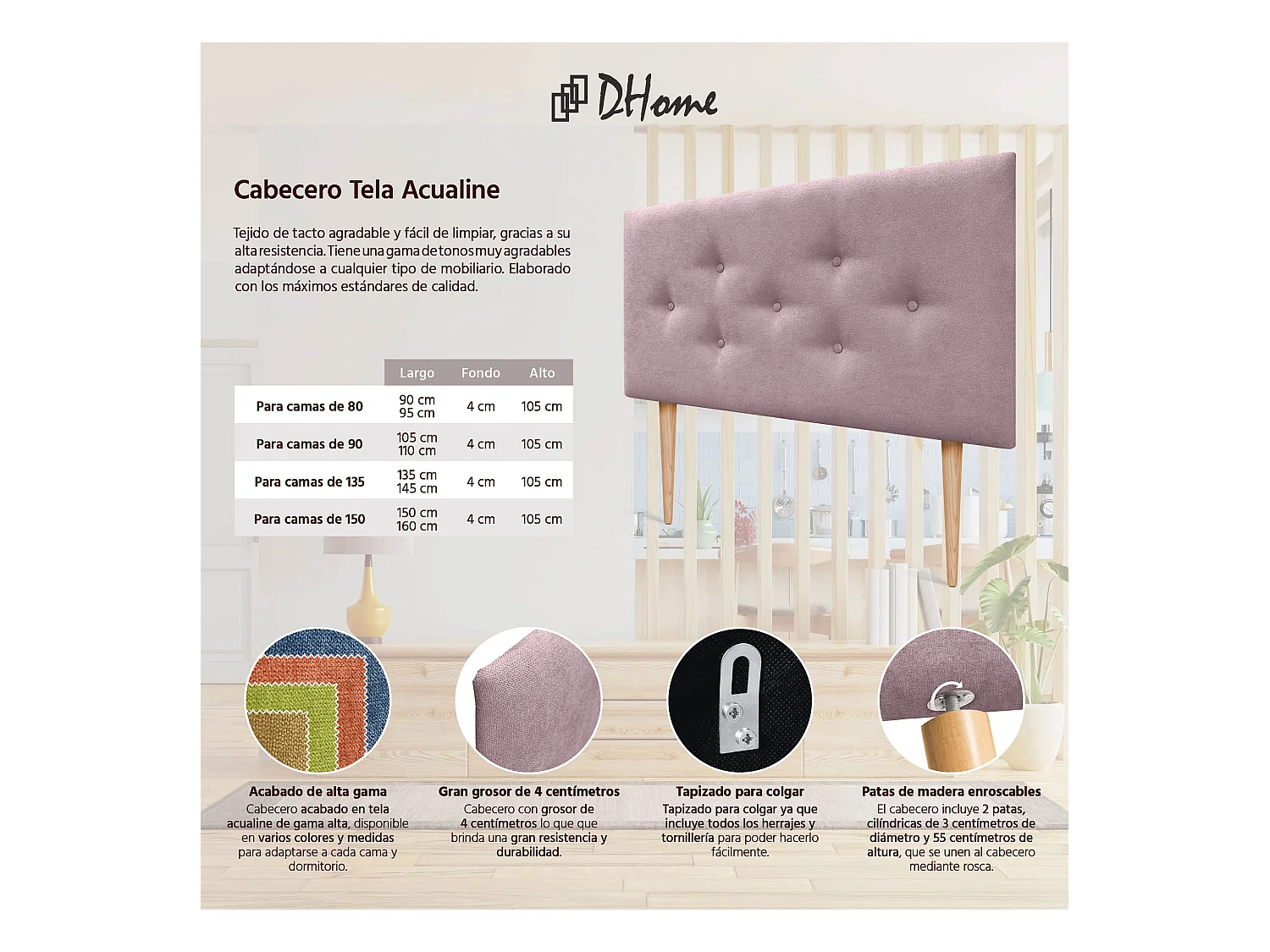 DHOME Tête de Lit en Tissu ACUALINE avec 3 Rangées Entrelacées de Boutons et Pieds Tête de Lit Capitonnée de Luxe(Salmón, 90cm)