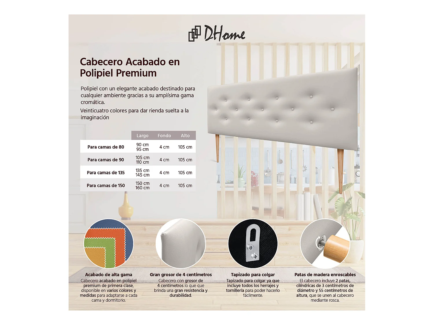 DHOME Tête de lit en simili cuir avec 3 rangées de boutons entrelacés Tête de lit rembourrée pour lit de luxe (Blanc, 160cm)