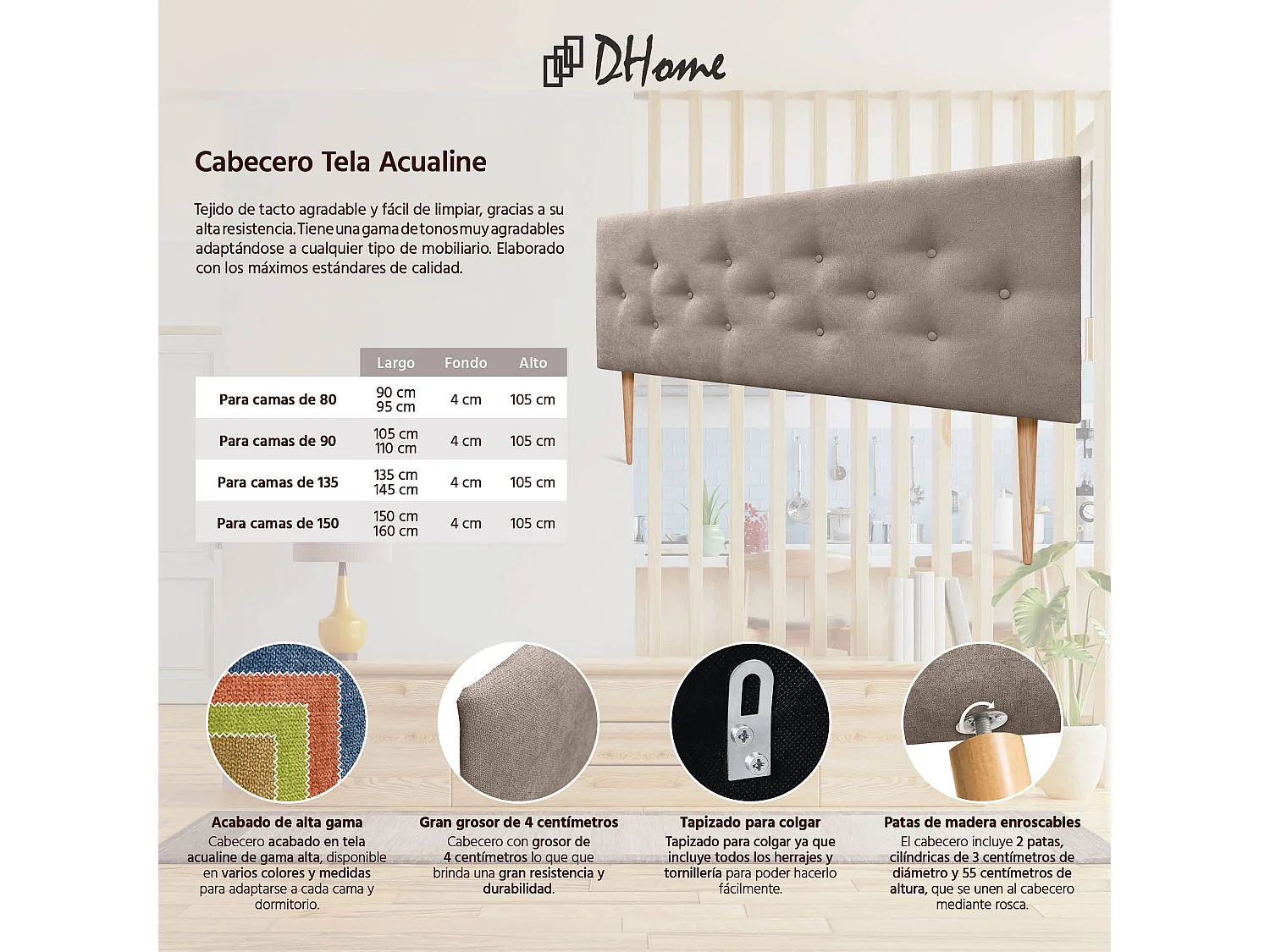 DHOME Tête de Lit en Tissu ACUALINE avec 3 Rangées Entrelacées de Boutons et Pieds Tête de Lit Capitonnée de Luxe(Tierra, 150cm)