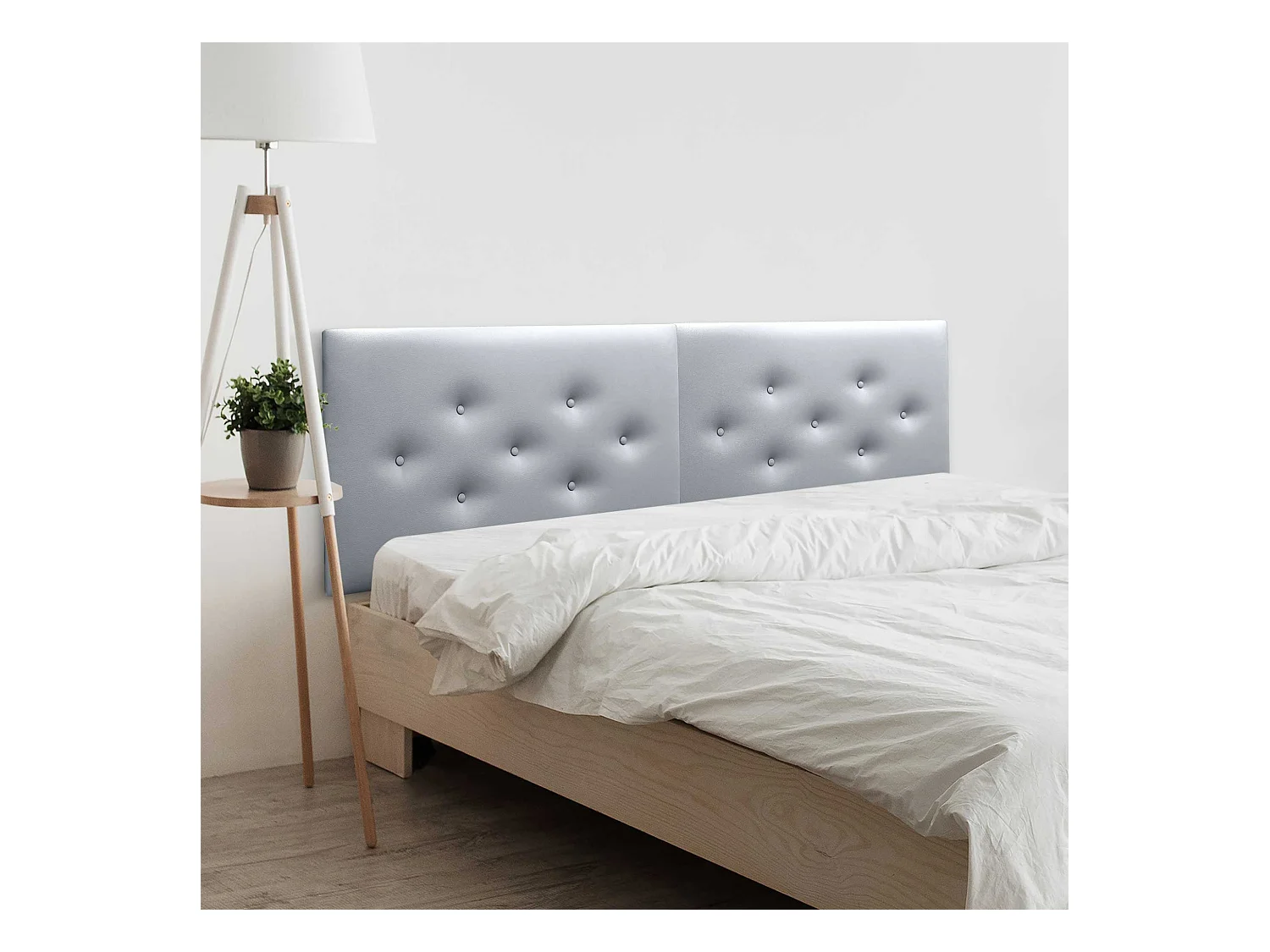 DHOME Tête de Lit en Similicuir avec 3 Rangées de Boutons Entrelacées Tête de Lit Rembourrée de Luxe (Argent, 210cm (2 pièces))