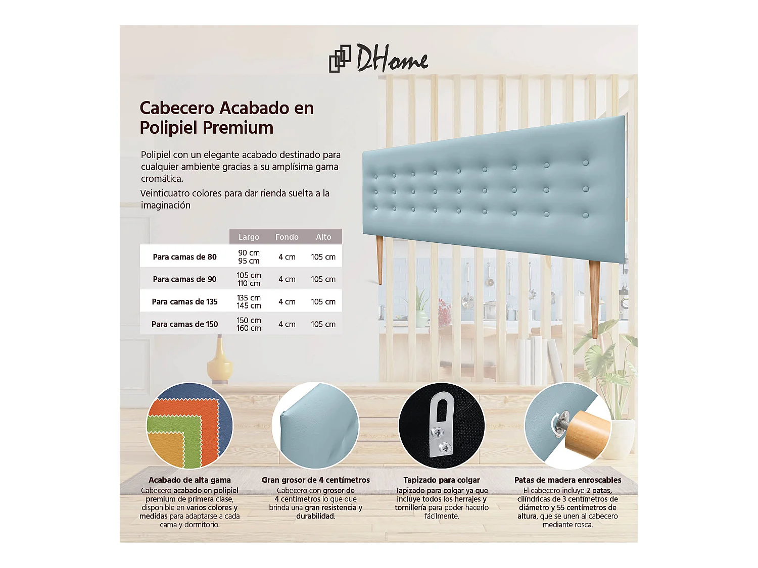 DHOME Testiera in ecopelle con 3 file di bottoni Testiera imbottita per letto di lusso (Celeste, 145cm)