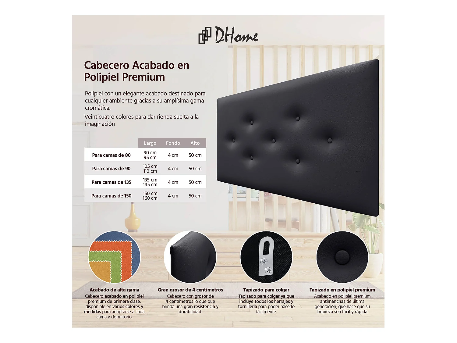 DHOME Tête de Lit en Similicuir avec 3 Rangées de Boutons Entrelacées Tête de Lit Rembourrée de Luxe (Noir, 110cm)