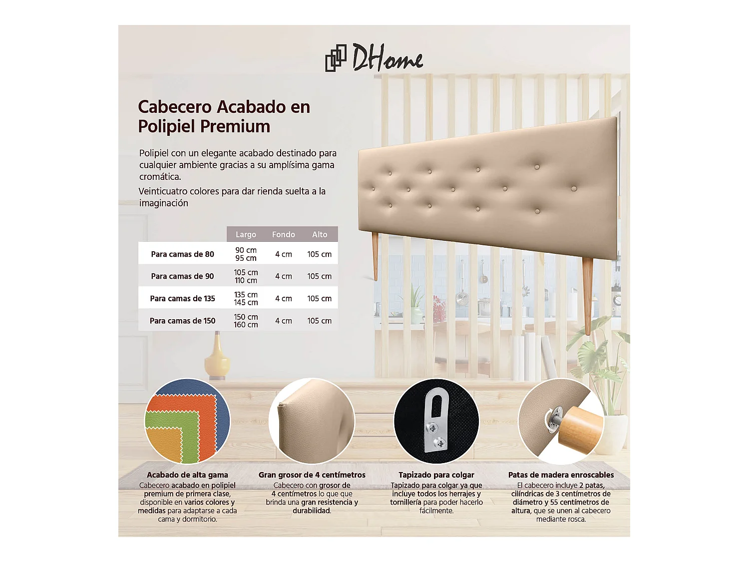 DHOME Tête de lit en simili cuir avec 3 rangées de boutons entrelacés Tête de lit rembourrée pour lit de luxe (Champagne, 150cm)