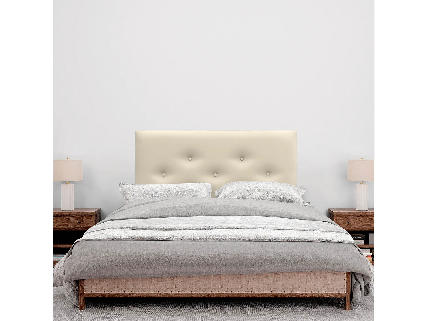 DHOME Kunstleder-Kopfteil mit 3 versetzten Knopfreihen und Füßen, luxuriöses gepolstertes Bettkopfteil (Vanille, 90cm)