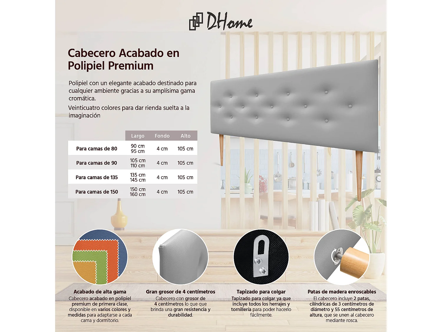 DHOME Tête de lit en simili cuir avec 3 rangées de boutons entrelacés Tête de lit rembourrée pour lit de luxe (Gris, 160cm)