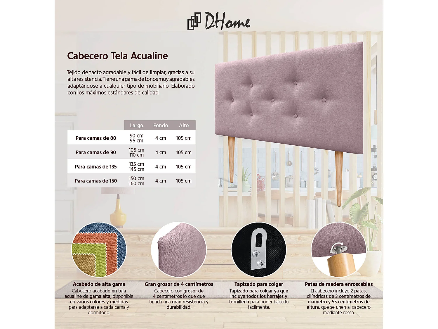 DHOME Tête de Lit en Tissu ACUALINE avec 3 Rangées Entrelacées de Boutons et Pieds Tête de Lit Capitonnée de Luxe(Rose, 105cm)