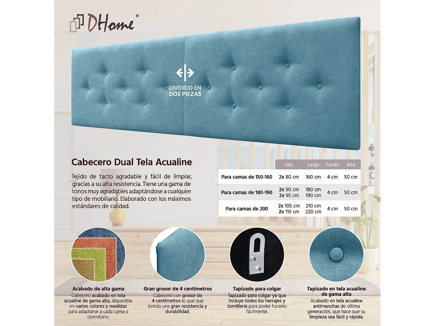 DHOME Tête de Lit en Tissu ACUALINE avec 3 Rangées Entrelacées de Boutons Tête de Lit Capitonnée de Luxe(Turquoise, 180cm (2 pièces))