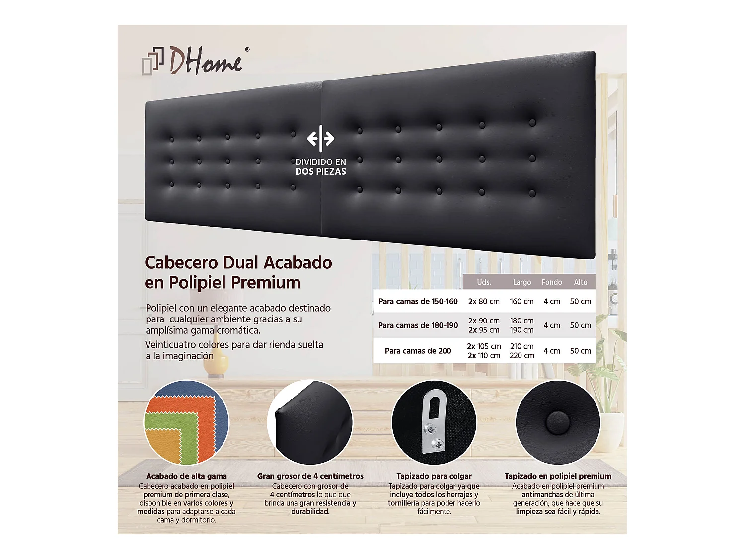 DHOME Kopfteil de Kunstleder mit 3 Knopfreihen gepolstertes luxuriöses Bettkopfteil (Negro, 180cm (2 piezas))