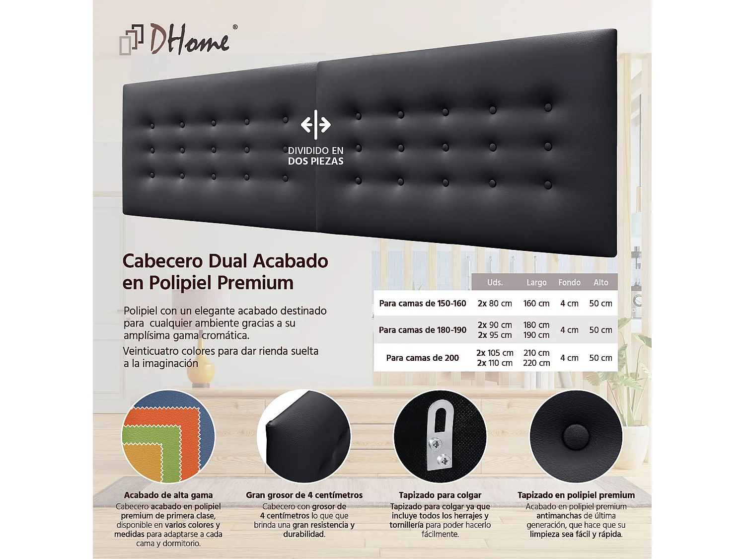 DHOME Tête de Lit en Similicuir avec 3 Rangées de Boutons Tête de Lit Rembourrée de Luxe (Noir, 180cm (2 pièces))