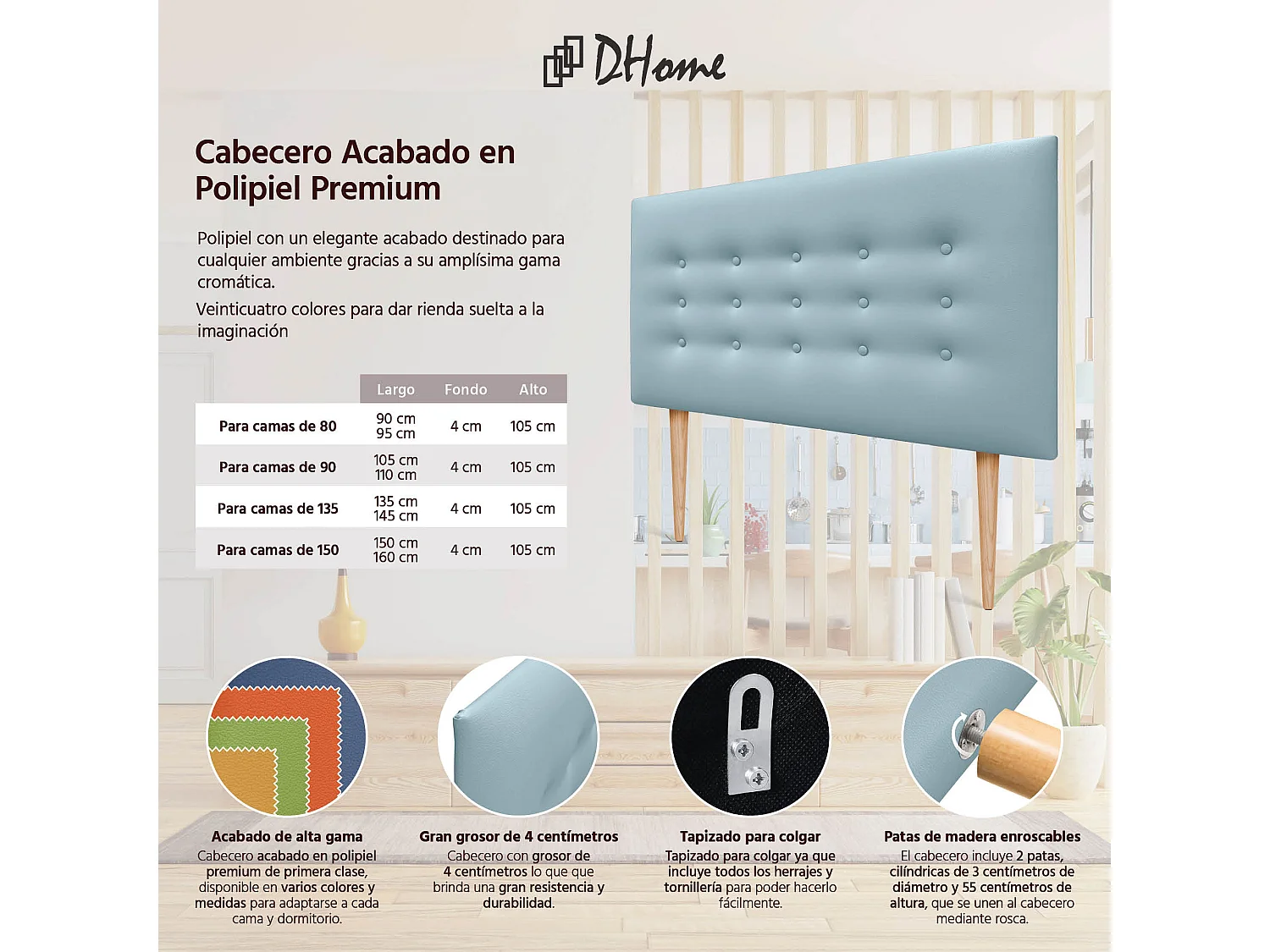 DHOME Cabeceira em couro sintético com 3 fileiras de botões Cabeceira estofada para cama de luxo (Celeste, 90cm)