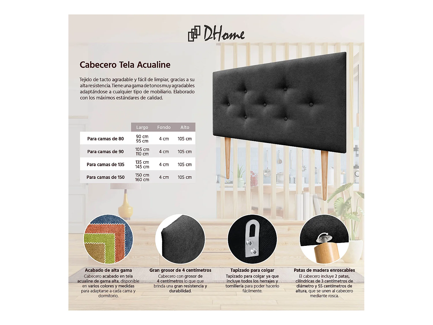 DHOME Tête de Lit en Tissu ACUALINE avec 3 Rangées Entrelacées de Boutons et Pieds Tête de Lit Capitonnée de Luxe(Noir, 105cm)