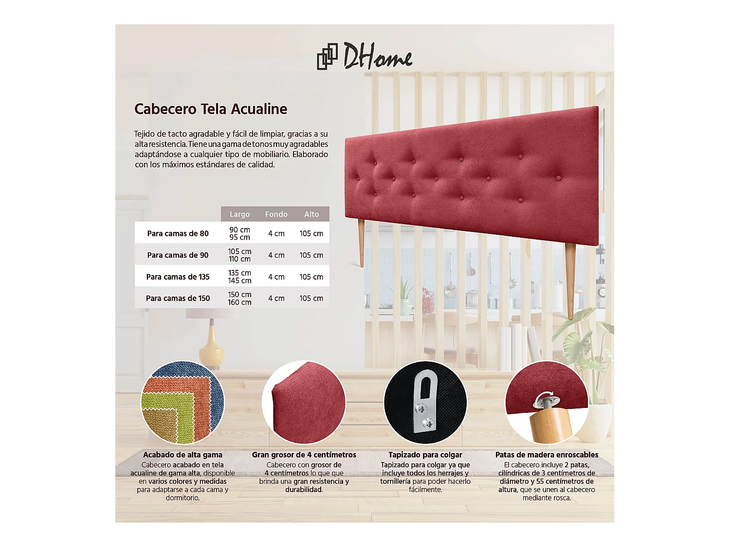 DHOME Tête de Lit en Tissu ACUALINE avec 3 Rangées Entrelacées de Boutons et Pieds Tête de Lit Capitonnée de Luxe(Rouge, 145cm)