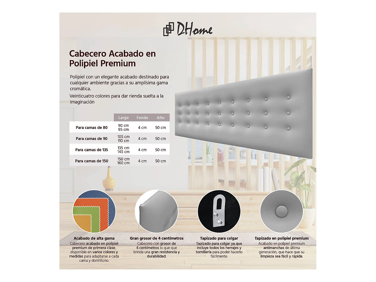 DHOME Kopfteil de Kunstleder mit 3 Knopfreihen gepolstertes luxuriöses Bettkopfteil (Gris Claro, 160cm)